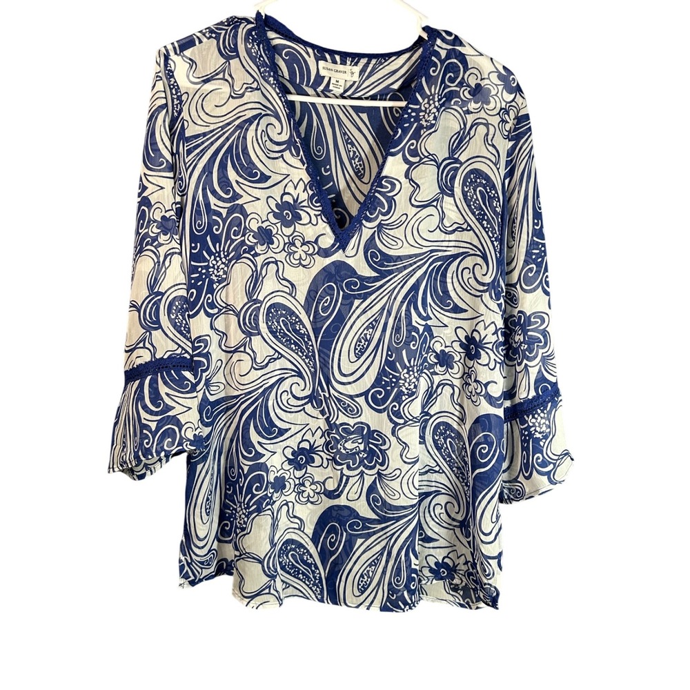 Susan Graver Womens Blue White Paisley Chiffon V-Neck‎ Tunic Bell Sleeve Top M